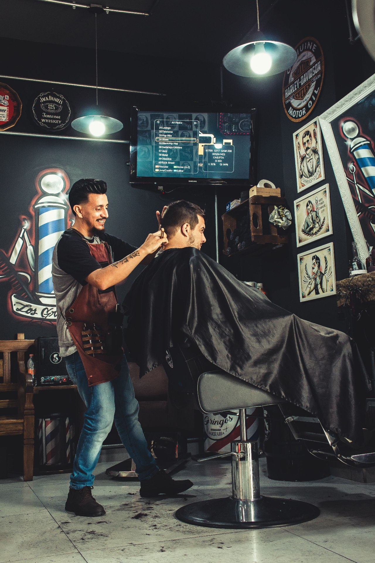 Wide view of the barbershop during a haircut